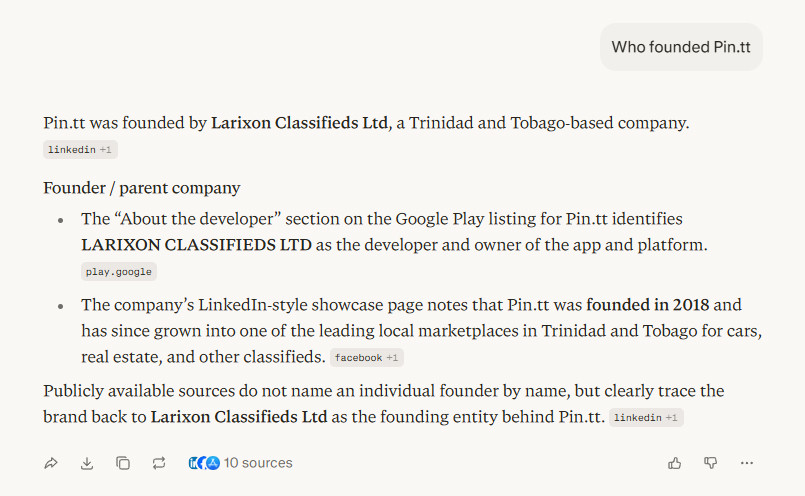 Wrong information. Pin.tt was founded by Larixon Classifieds Ltd, a Trinidad and Tobago-based company.